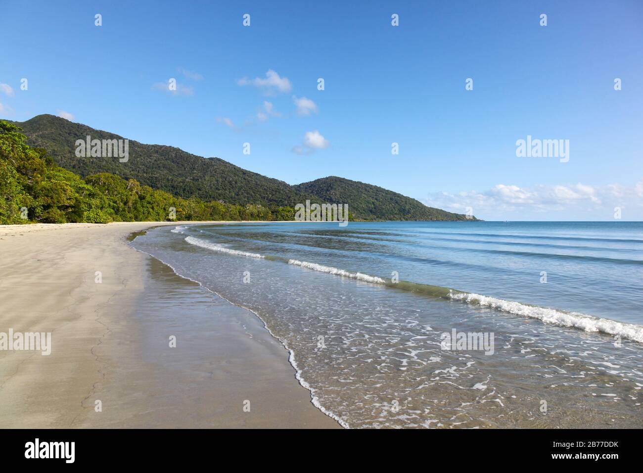 Empty beach at Cape Tribulation where the tropical rainforest runs right to the shoreline. The Daintree area north of Cairns is a beautiful location. Stock Photo