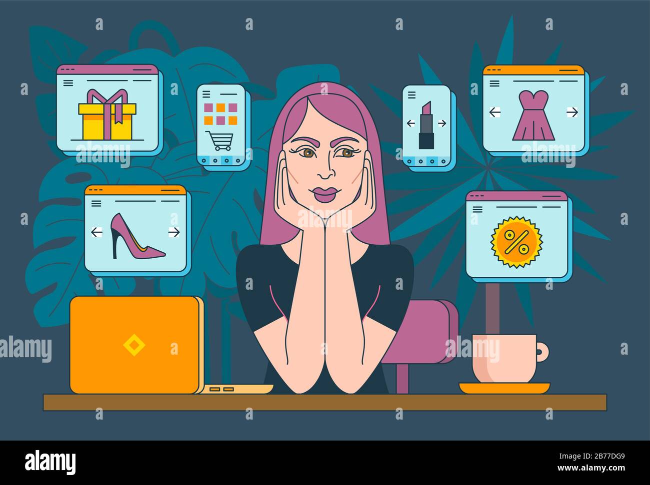 Online Shopping. Girl with her laptop, thinking what to buy next. Vector illustration. Stock Vector