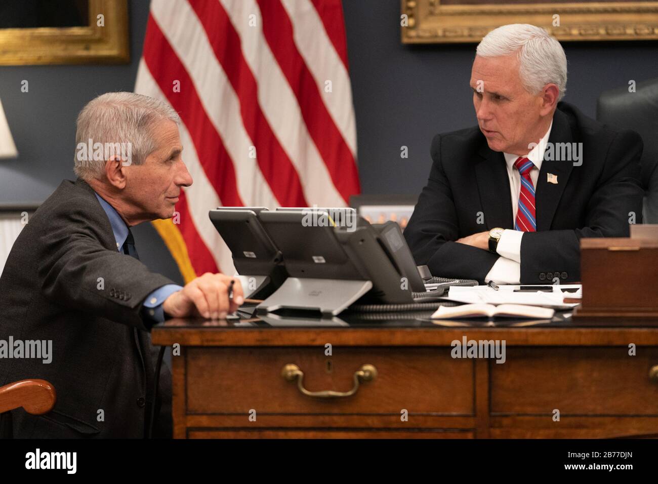 Washington, United States Of America. 11th Mar, 2020. Vice President Mike Pence meets with Dr. Anthony S. Fauci, Director of the National Institute of Allergy and Infectious Diseases Wednesday, March 11, 2020, in his West Wing Office of the White House. People: Vice President Mike Pence, Dr. Anthony S. Fauci Credit: Storms Media Group/Alamy Live News Stock Photo
