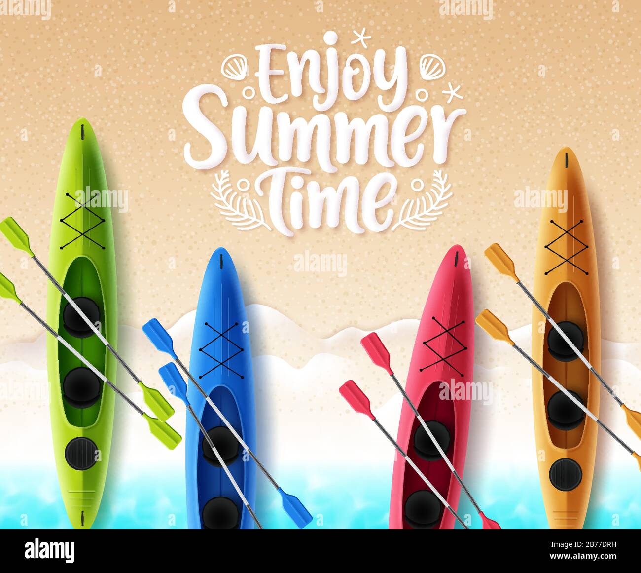 Summer time vector banner design. Enjoy summer time text in sand with space for text and colorful floating beach kayak boat in top view beach seaside Stock Vector
