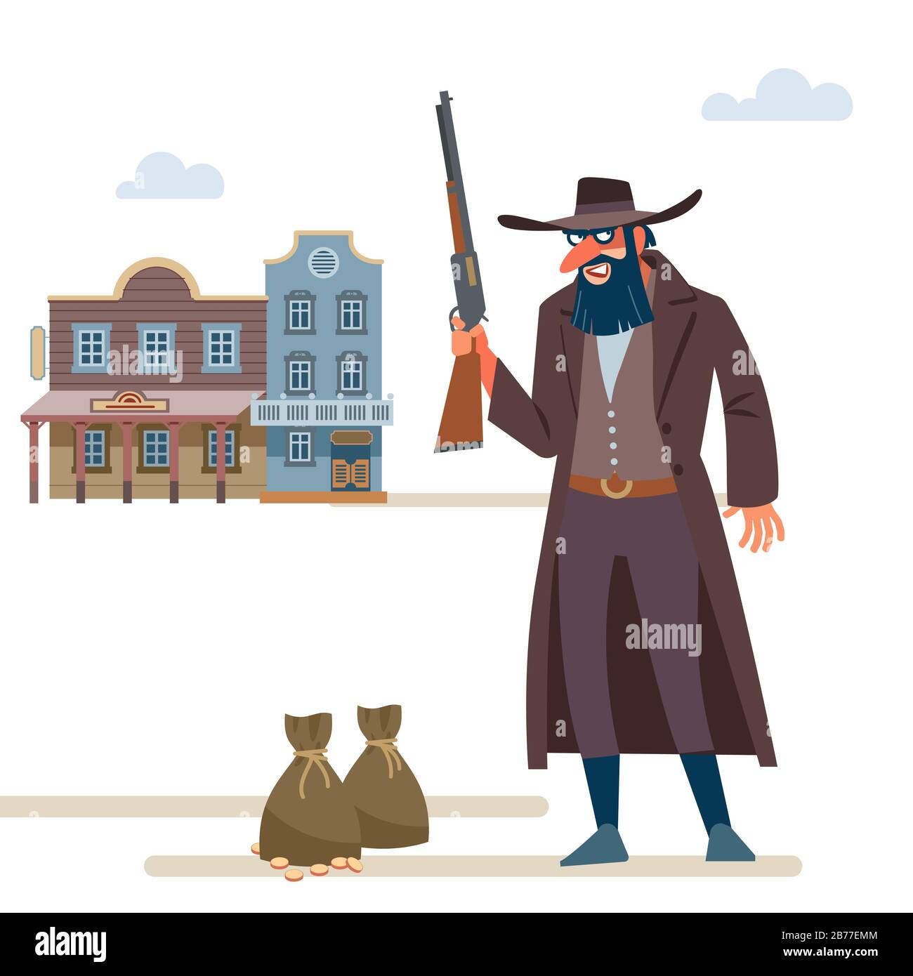 Cowboy robbed a Bank. The Old Wild West. Cartoon vector illustration. Flat style. Isolated on white background Stock Vector