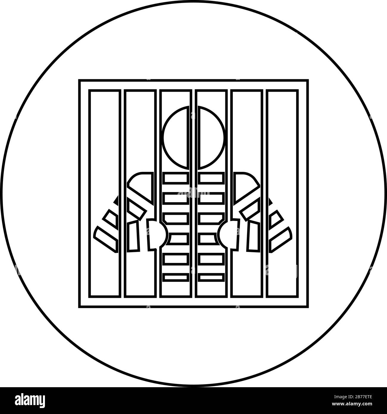 Prisoner behind bars holds rods with his hands Angry man watch through lattice in jail Incarceration concept icon in circle round outline black color Stock Vector