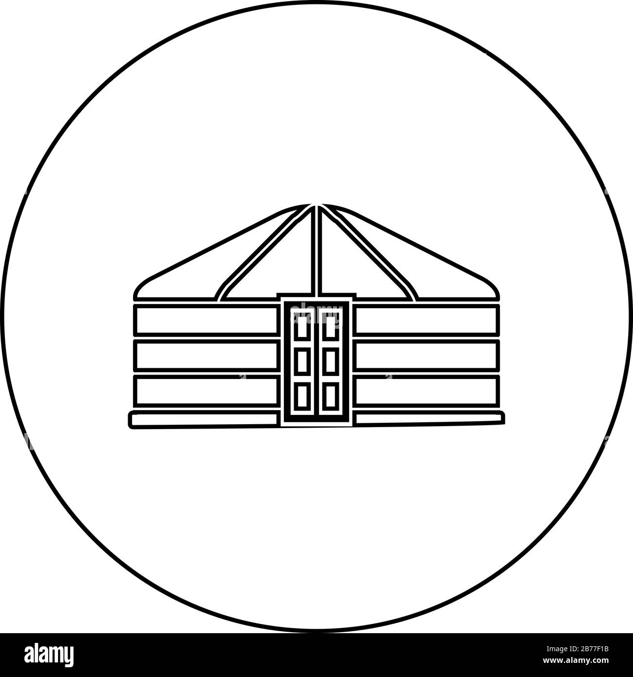 Yurt of nomads Portable frame dwelling with door Mongolian tent covering building icon in circle round outline black color vector illustration flat Stock Vector