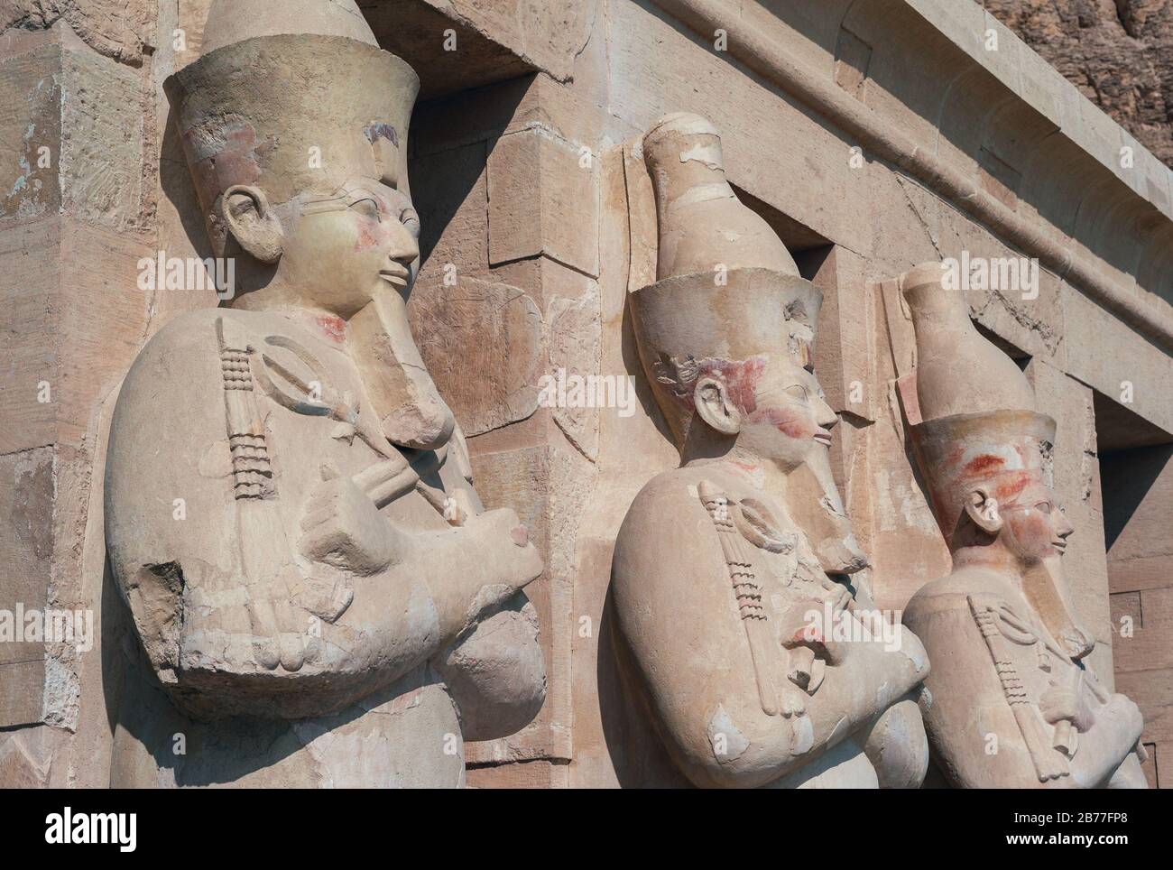 Osiris Statues on the Columns of the Northern Colonnade in the Mortuary Temple of Hatshepsut at Deir El Bahari Stock Photo