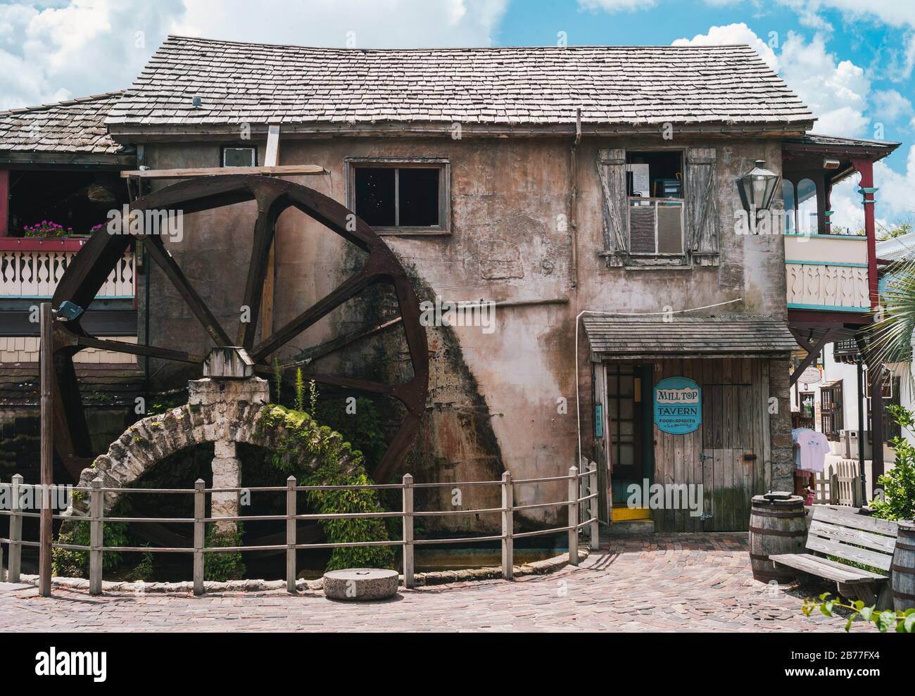 Saint Augustine, Florida, United States - July 19 2012: Old Water Mill in the Historic Colonial Quarter of St. Augustine with well known Restaurant Mi Stock Photo