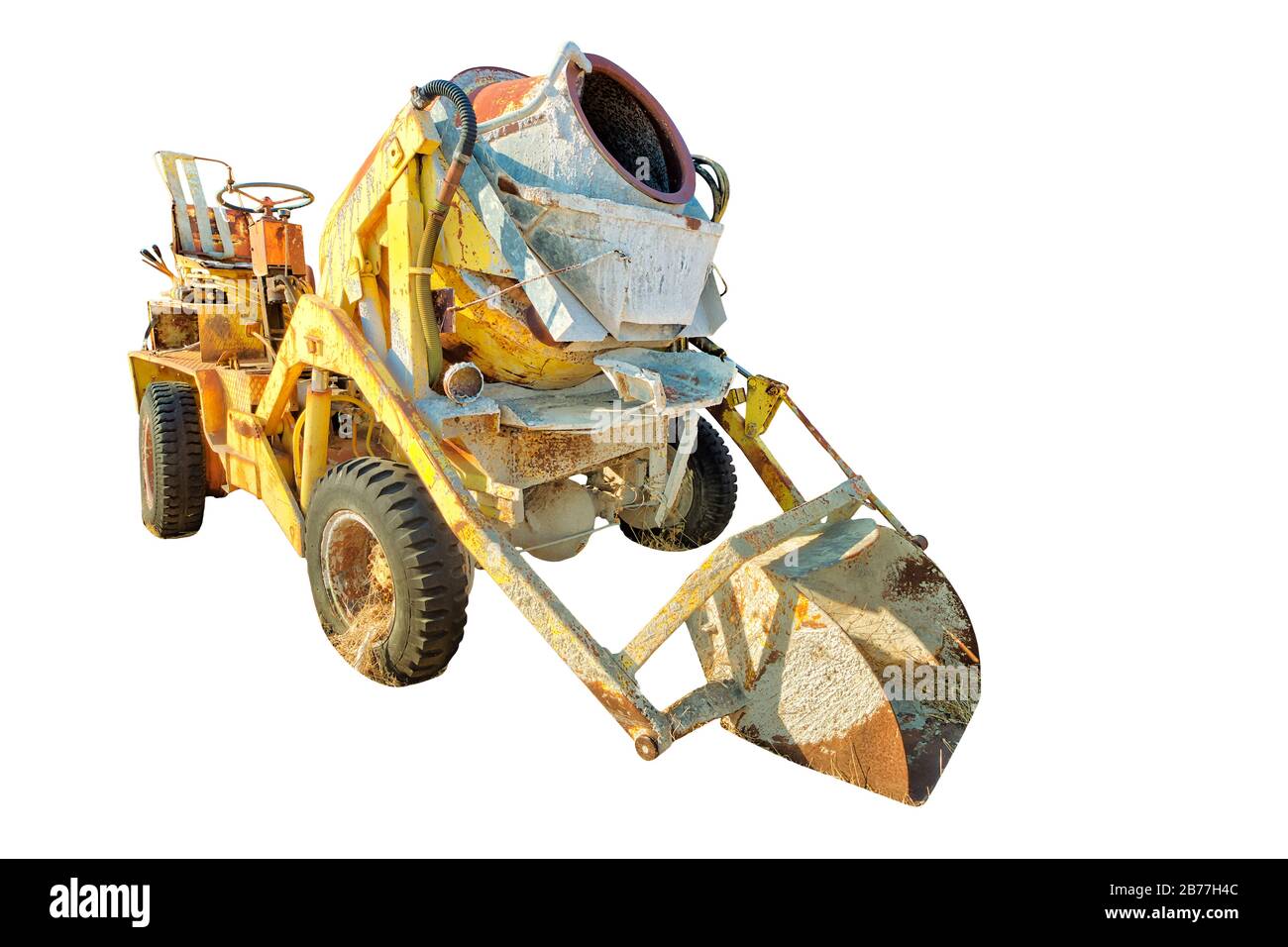 Mobile automatic self-loading concrete mixer with excavator. Little yellow  truck automixer for mines and pits for building work. Isolated on white  Stock Photo - Alamy