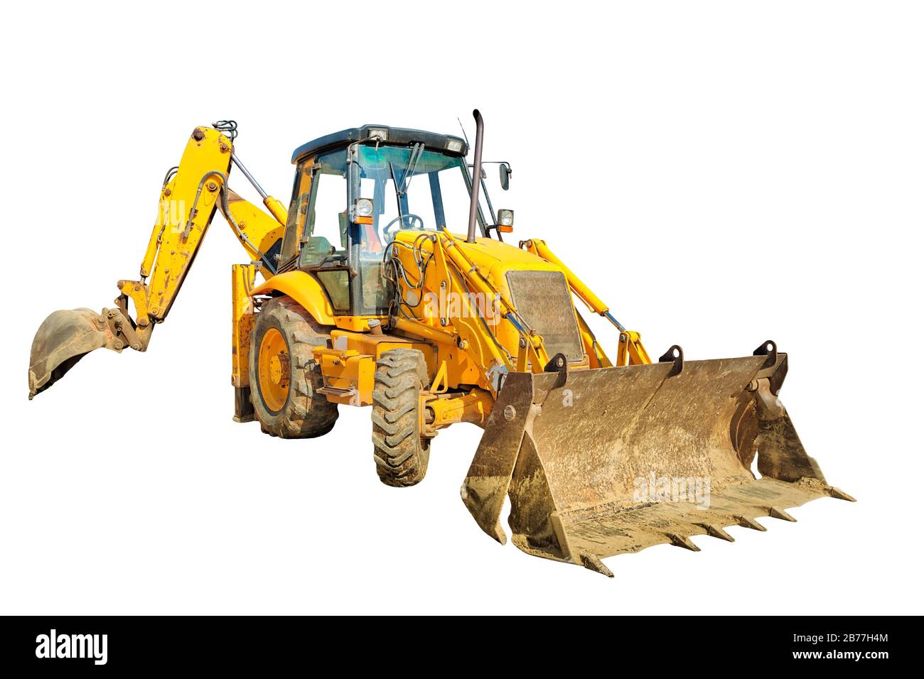 Side view of bulldozer on wheels for mines and pits with a long arms