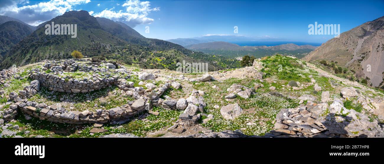Minoan site of Azoria on a double peaked hill overlooking the Gulf of ...