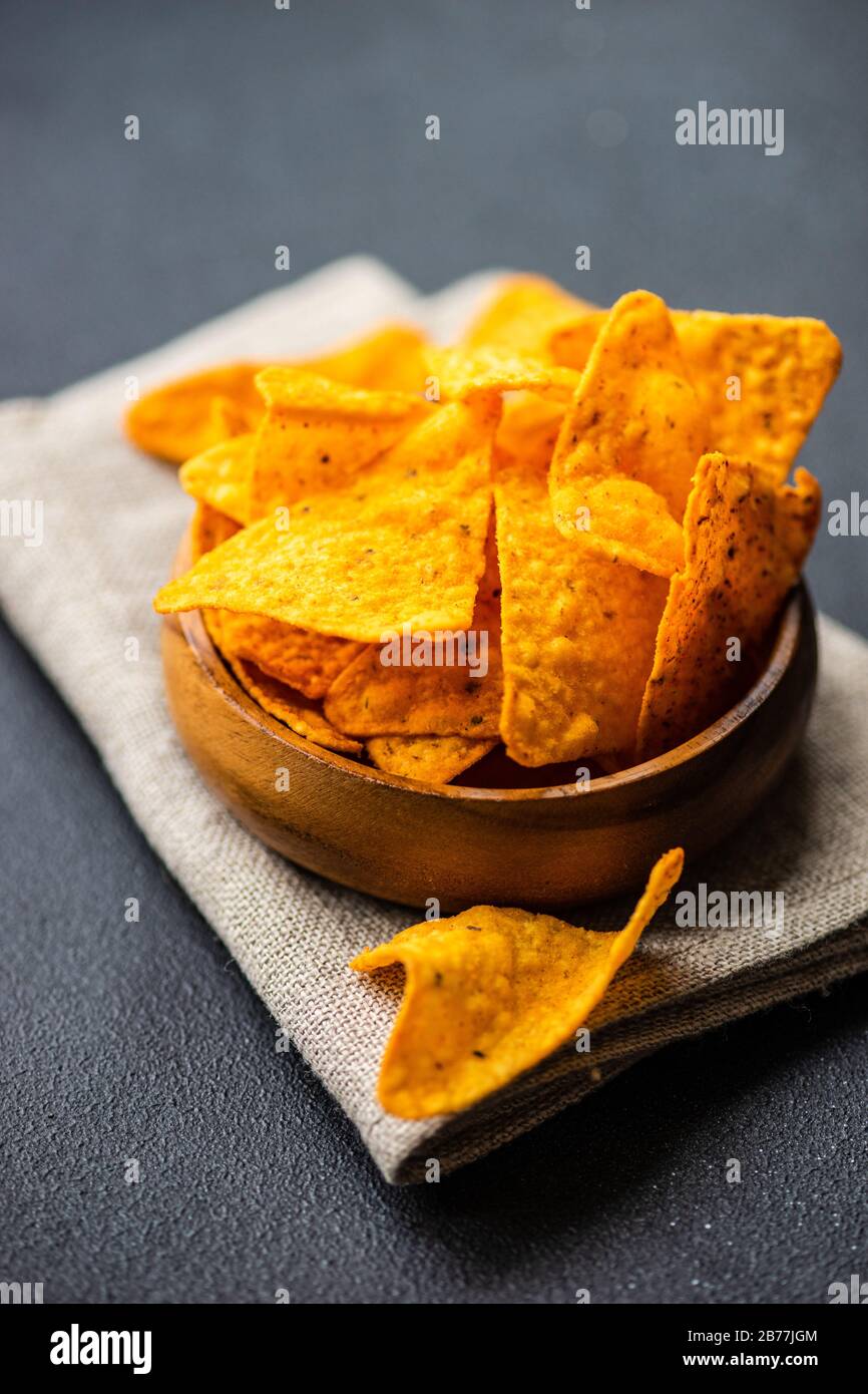 Healthy vegetable chips on dark background with copy space Stock Photo