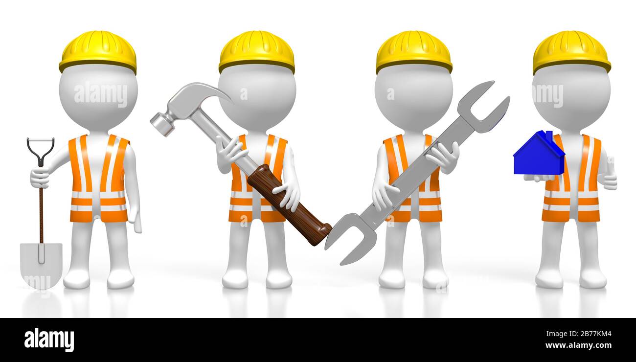 3D workers with tools Stock Photo