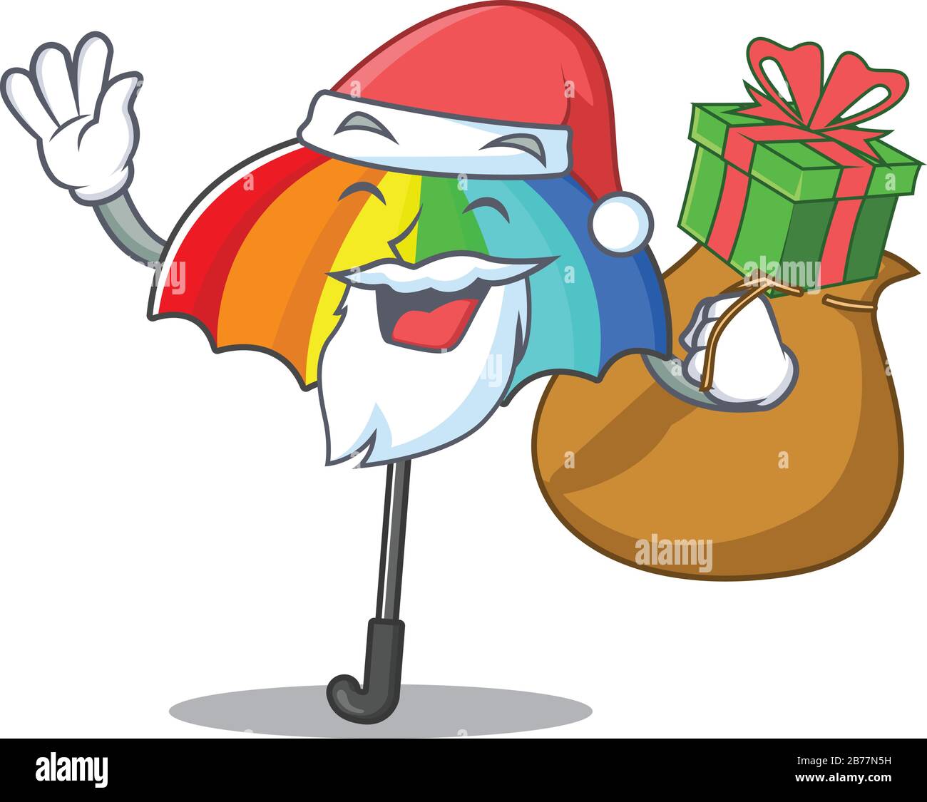 Santa rainbow umbrella Cartoon character design with box of gift Stock ...
