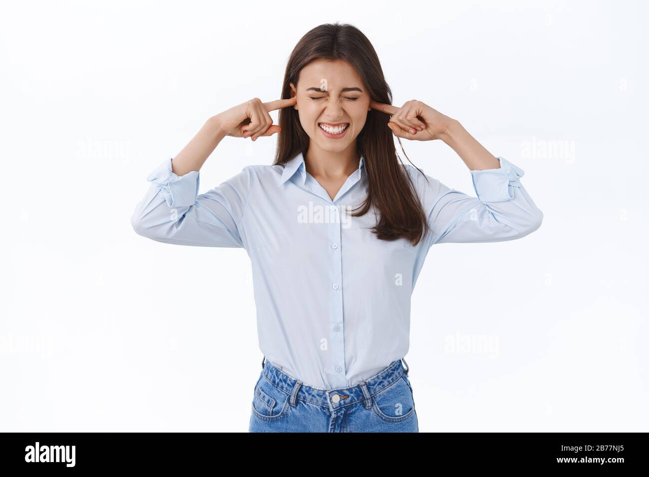 Stop this nasty annoying noise. Woman feeling huge being