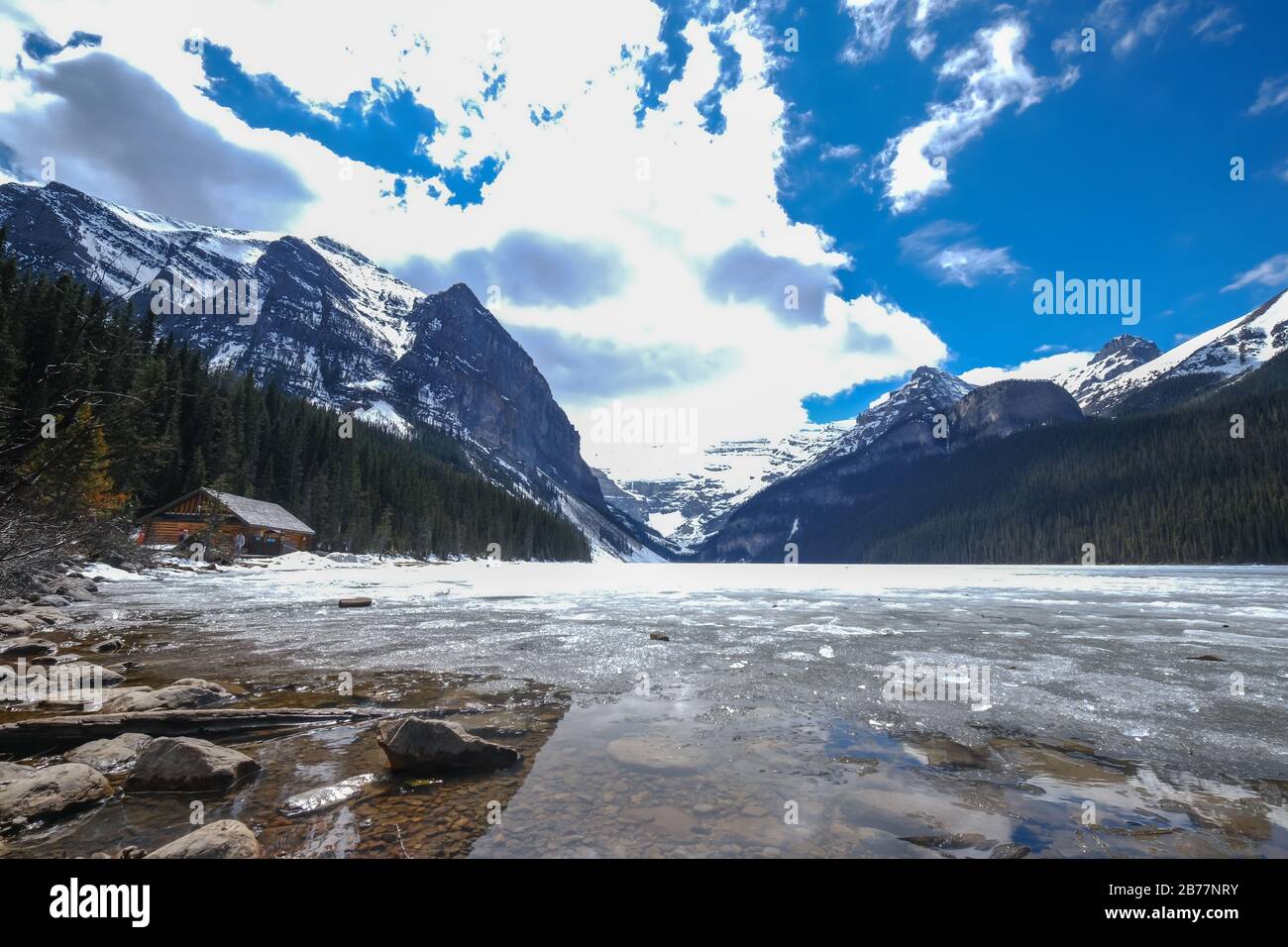 Mount fairview, partly frozen lake, Lake Louise Banff National Park ...