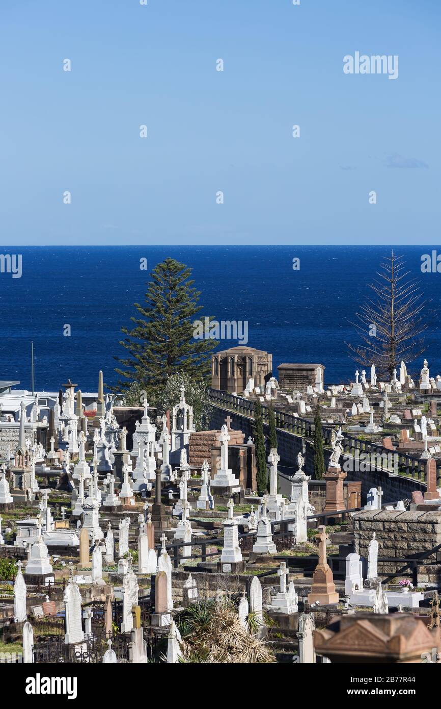 The Waverley Cemetry is a heritage-listed cemetry on top of the cliffs at Bronte in the eastern suburbs of Sydney, NSW, Australia. The coastal walk wa Stock Photo