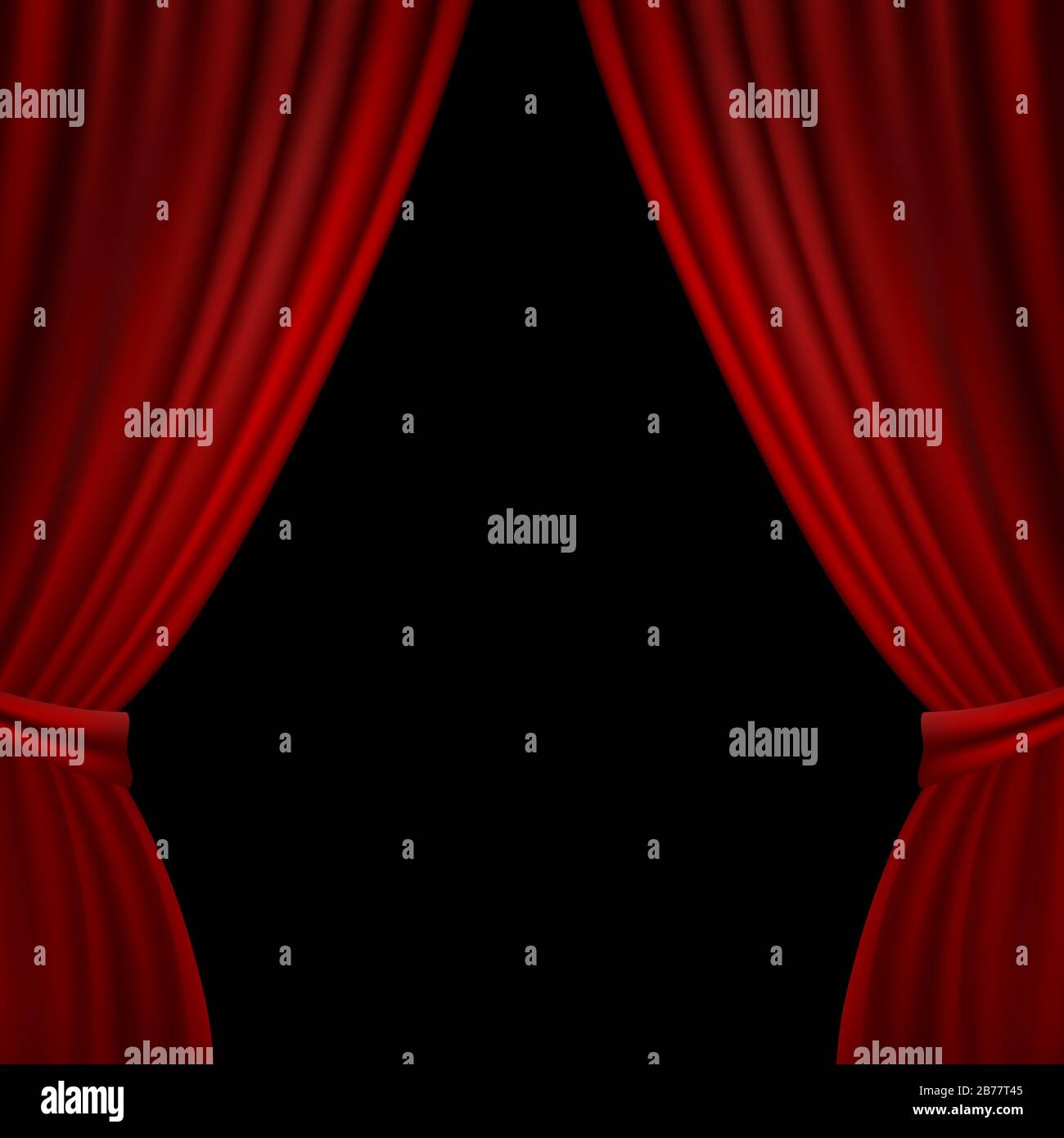 Realistic opened red velvet curtain on black background. Vector Illustration Stock Vector