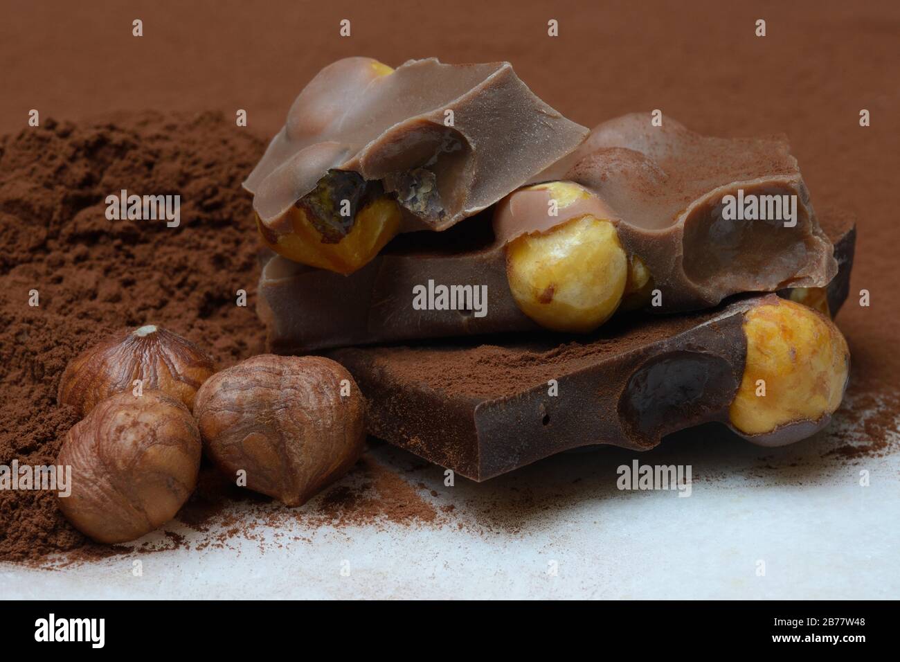 Chocolate with whole hazelnuts, hazelnuts and cocoa powder, Germany Stock Photo Alamy