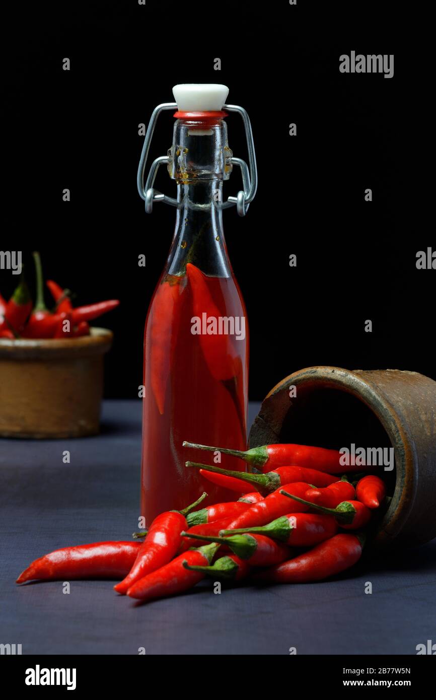 Chili oil in bottle and red chillies with ceramic vessel, Germany Stock