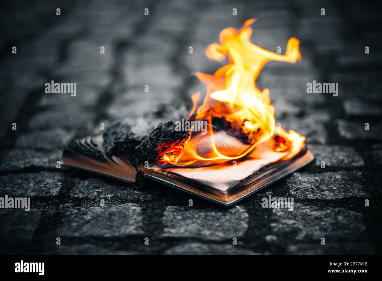 On the stone path of their cobblestones lies an old book, the pages of which burn with a bright flame and turn to ash. Destruction of dissent and here Stock Photo