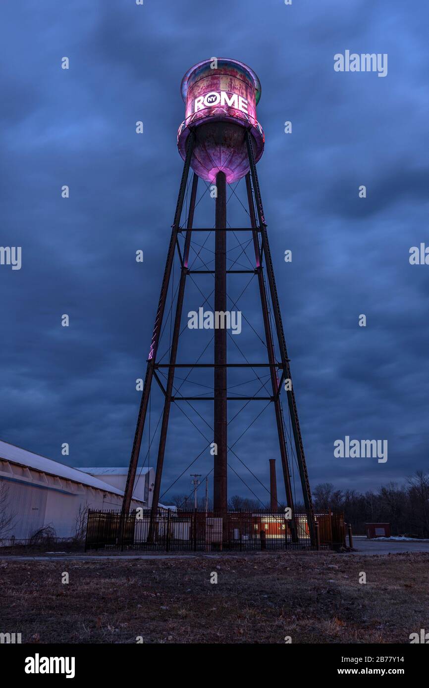 Rome, New York - Mar 12, 2020: Vertical Full View Rome City Steel Tower Sign III. Stock Photo