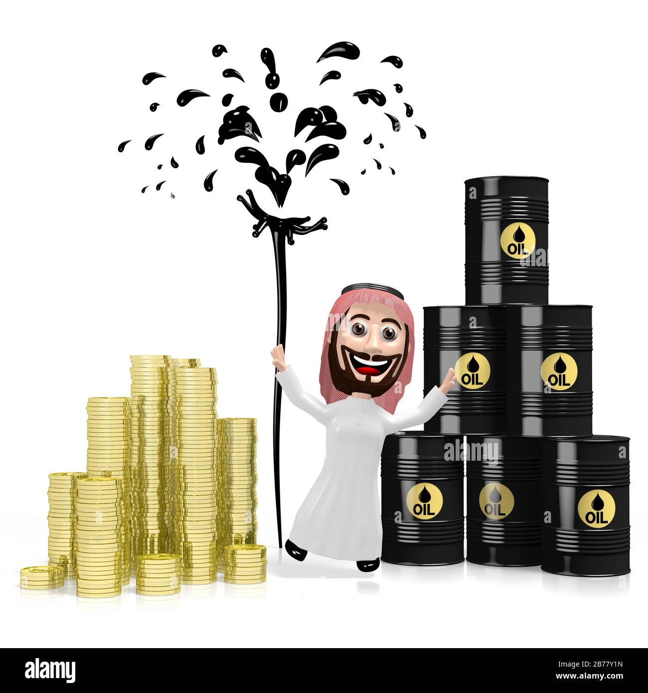 3D arab cartoon character, oil well Stock Photo