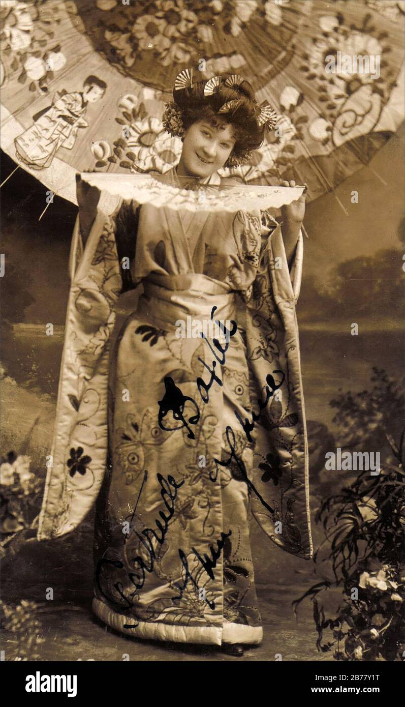 An old signed photograph of performer Gertrude Barlet (or Barret?) in an oriental costume. Stock Photo