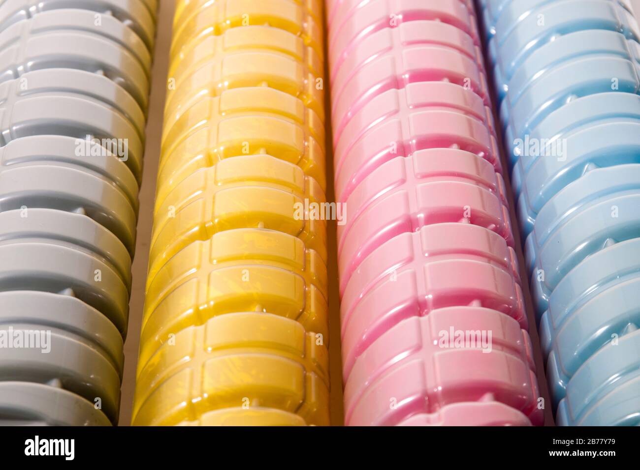 cartridges for laser printers aligned on a white background. Stock Photo