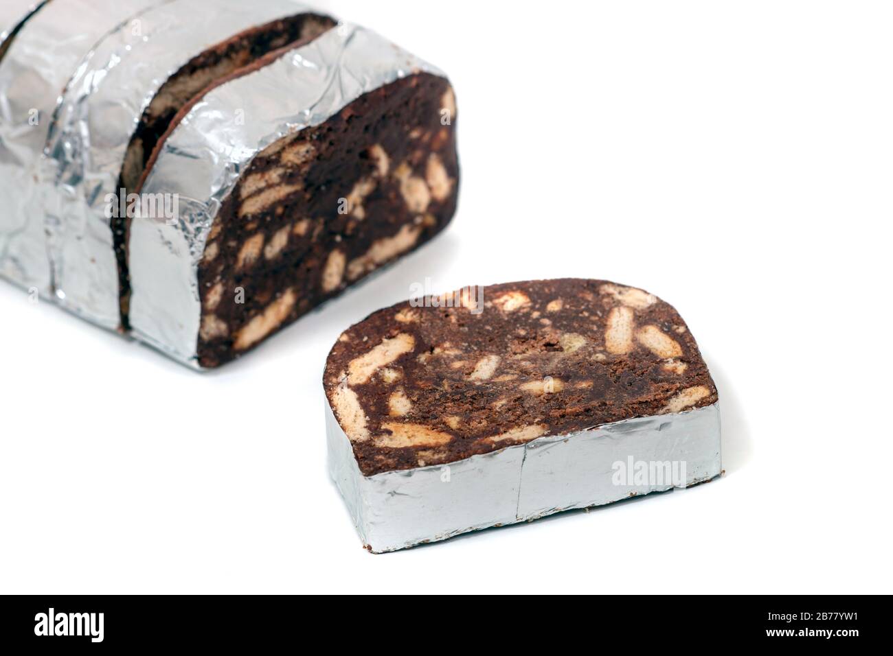 Traditional portuguese sweet chocolate salame isolated on a white background Stock Photo Alamy