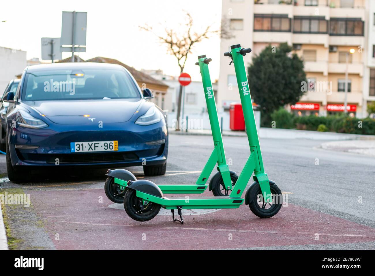 FARO, PORTUGAL: 16th FEBRUARY 2020 - Green electric scooters from Bolt  company for rent parked on the city Stock Photo - Alamy