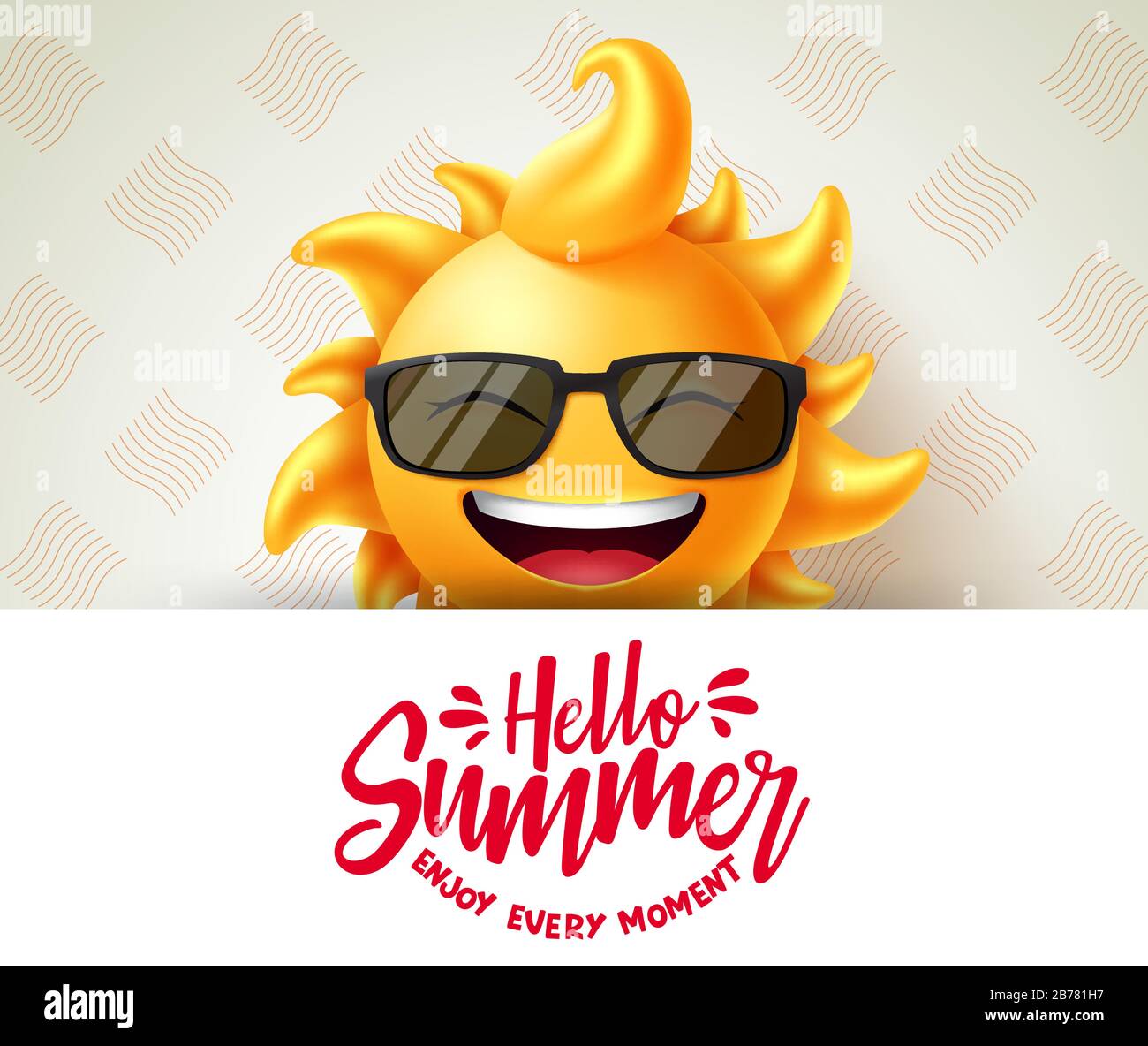 Hello summer vector banner template. Hello summer enjoy every moment text in white space with sun character smiling and wearing sunglasses element. Stock Vector