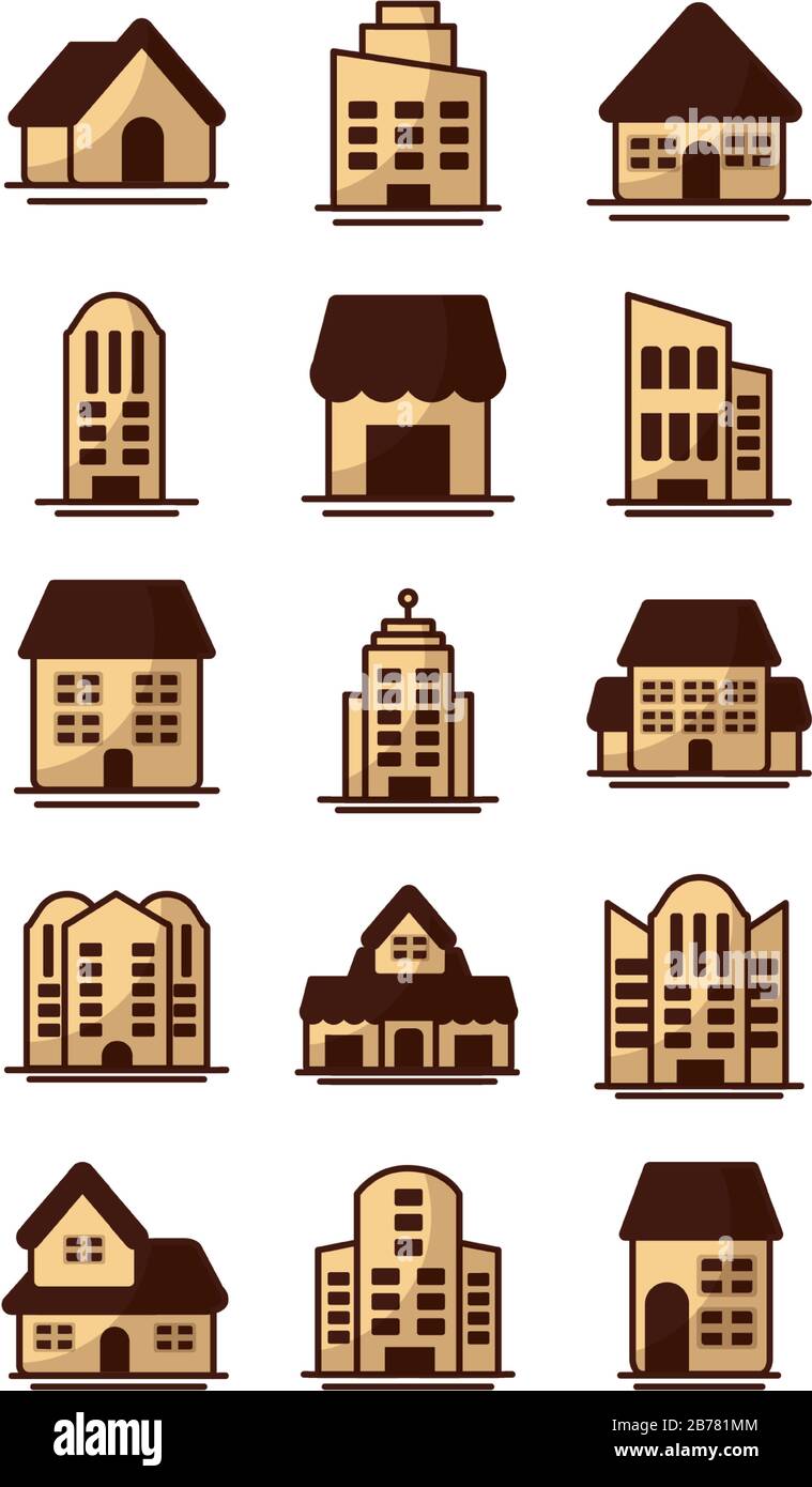 set of icons of towers of apartment, office building and house on white ...