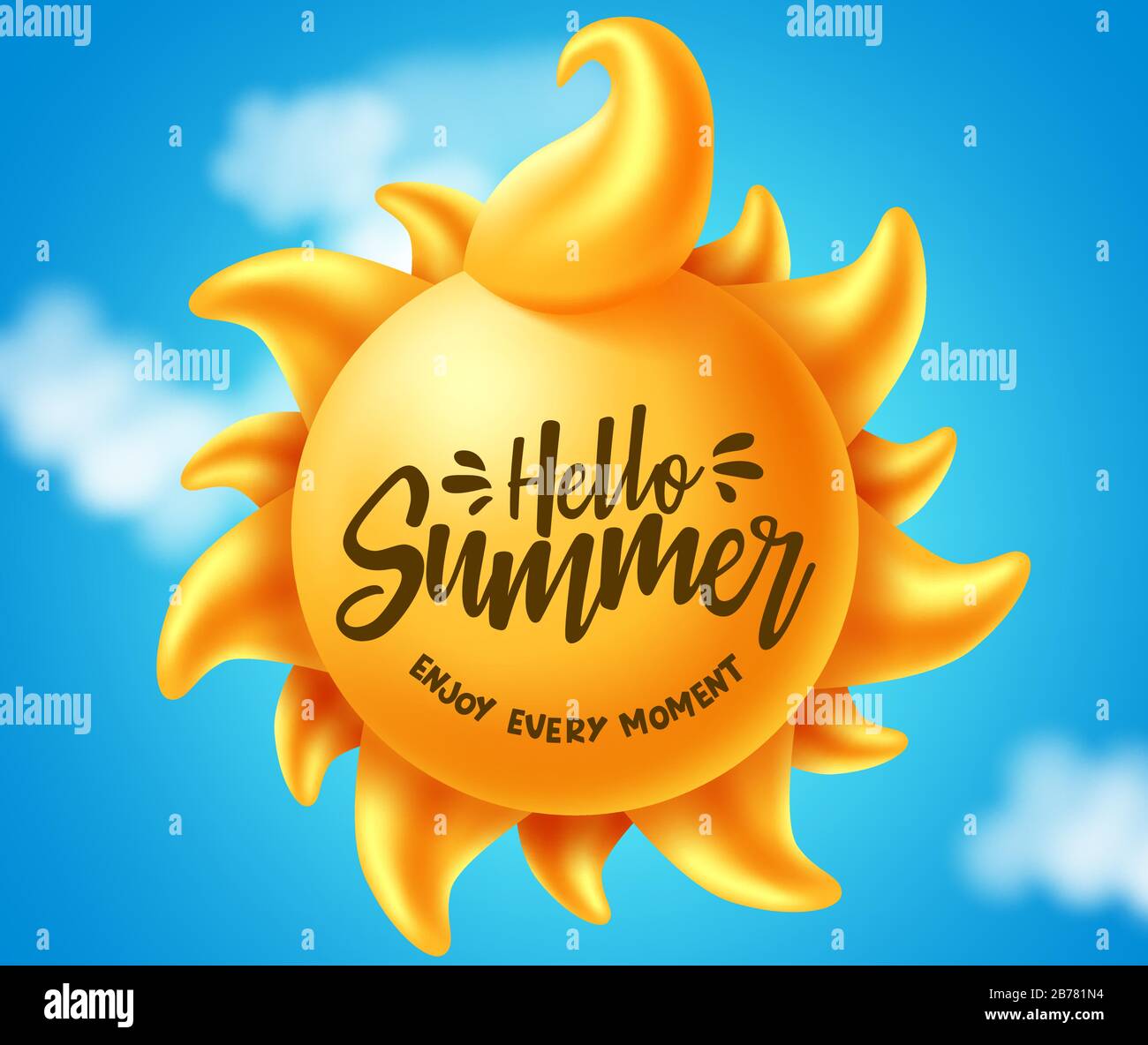 Hello summer vector banner design. Hello summer enjoy every moment text in sun element for tropical season with clouds element in blue background. Stock Vector