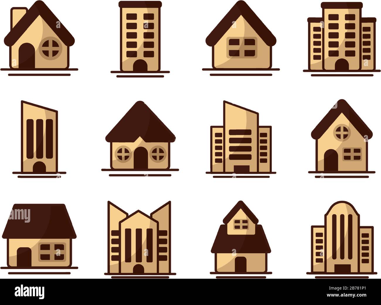set of icons of towers of apartment, office building and house on white ...