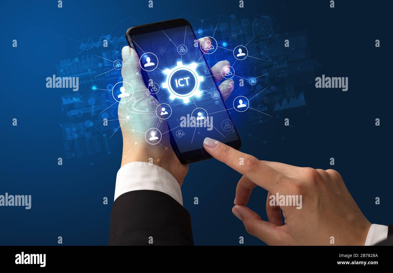 Female hand holding smartphone with ICT abbreviation, modern technology  concept Stock Photo - Alamy
