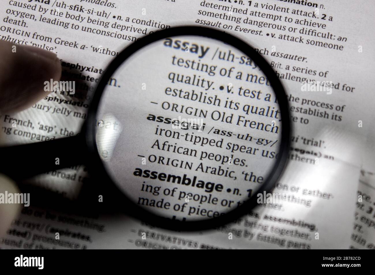 The word or phrase assegai in a dictionary book. Stock Photo