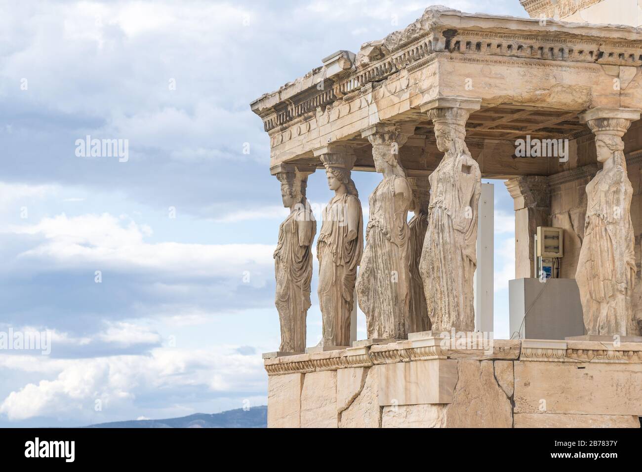 Woman figures on the Caryatid Porch of Erechtheion at Acropolis, Athens. Stock Photo