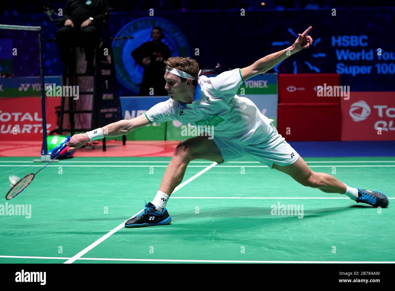 Denmarks Viktor Axelsen in action in the Mens singles match during the YONEX All England Open Badminton Championships at Arena Birmingham Stock Photo