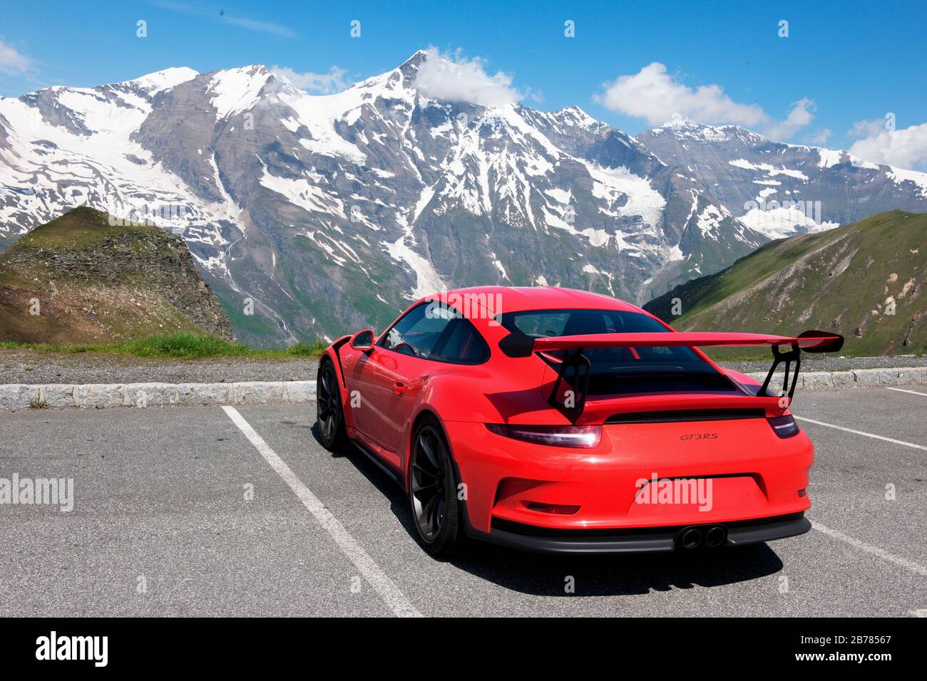 Porsche GT3 RS, Grossglockner high alpine road  | Porsche GT3 RS Grossglockner Hochalpenstrasse Stock Photo