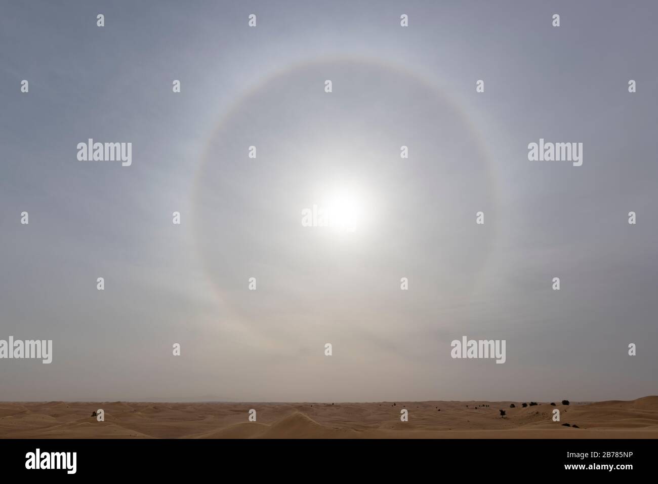 circular halo around the Sun observed in the desert Stock Photo