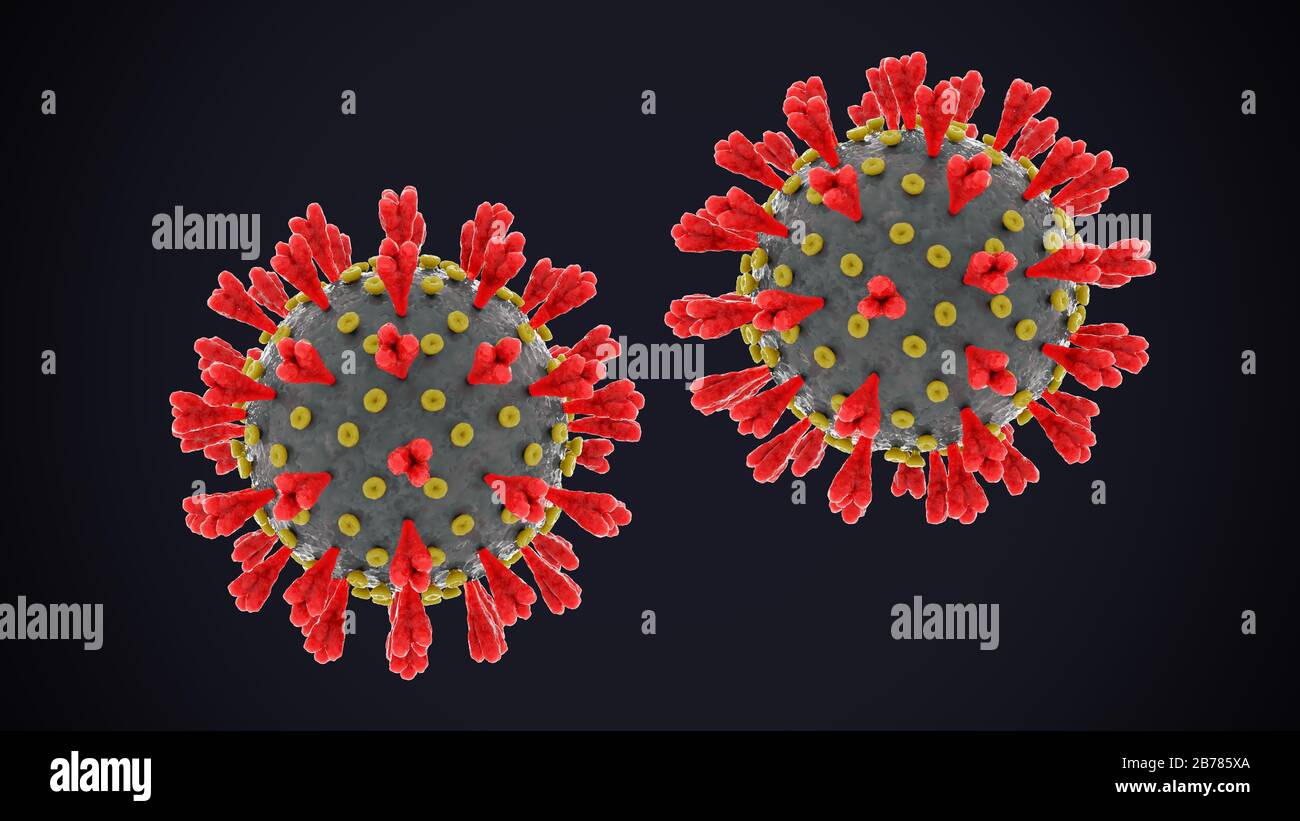 Novel coronavirus with red protein protrusions to attach on receptor in human body Stock Photo