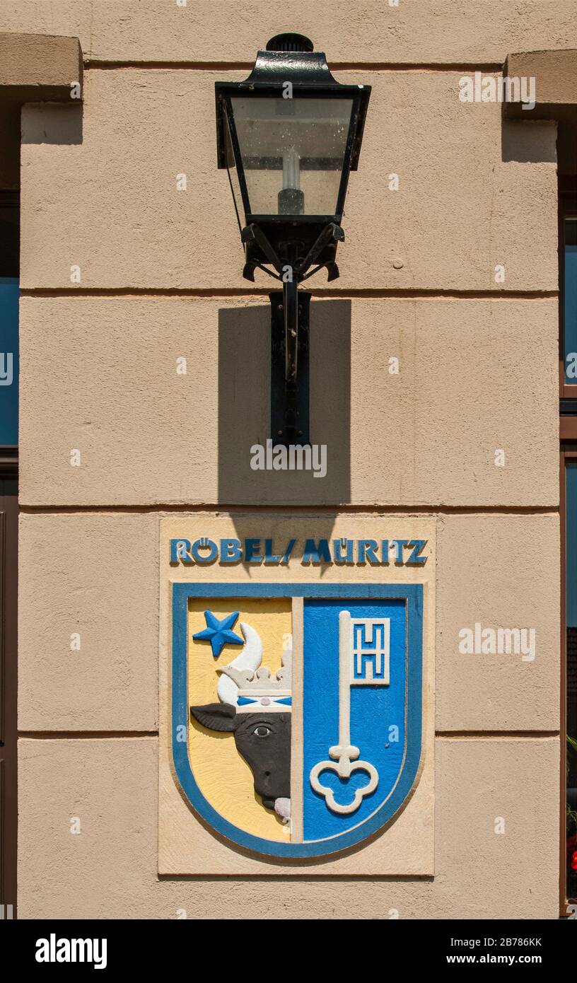 Coat of arms of town at town hall in Röbel, Mecklenburg-West Pomerania, Germany Stock Photo