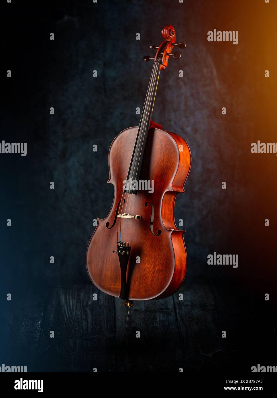 Classic stringed musical instrument, cello on dark background Stock