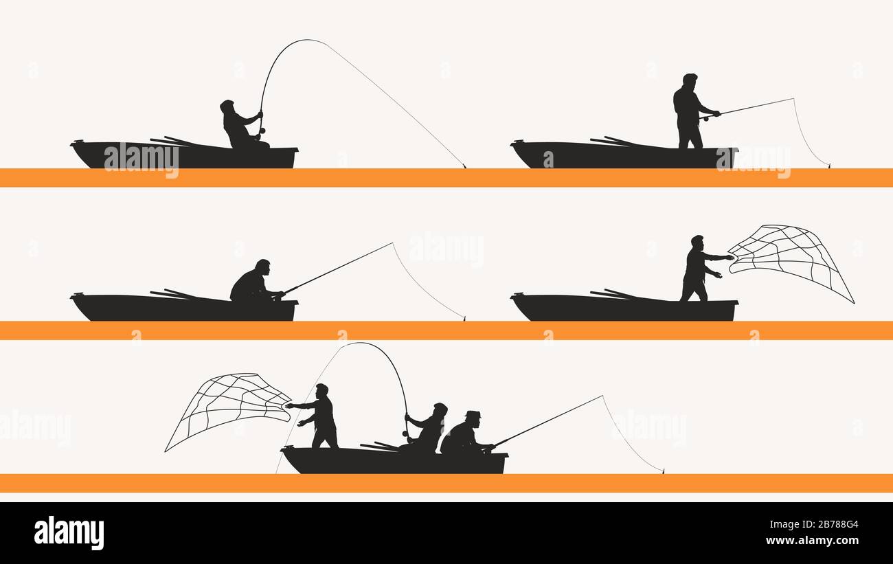 Fisherman. Fisher in boat with spinning, sportsman with fishing accessory  and fish, catching fish sport and hobby, vector characters set Stock Vector  Image & Art - Alamy