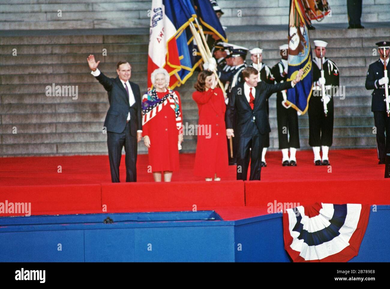 George H. W. Bush, Barbara Bush, Marilyn Quayle, and Dan Quayle. Stock Photo