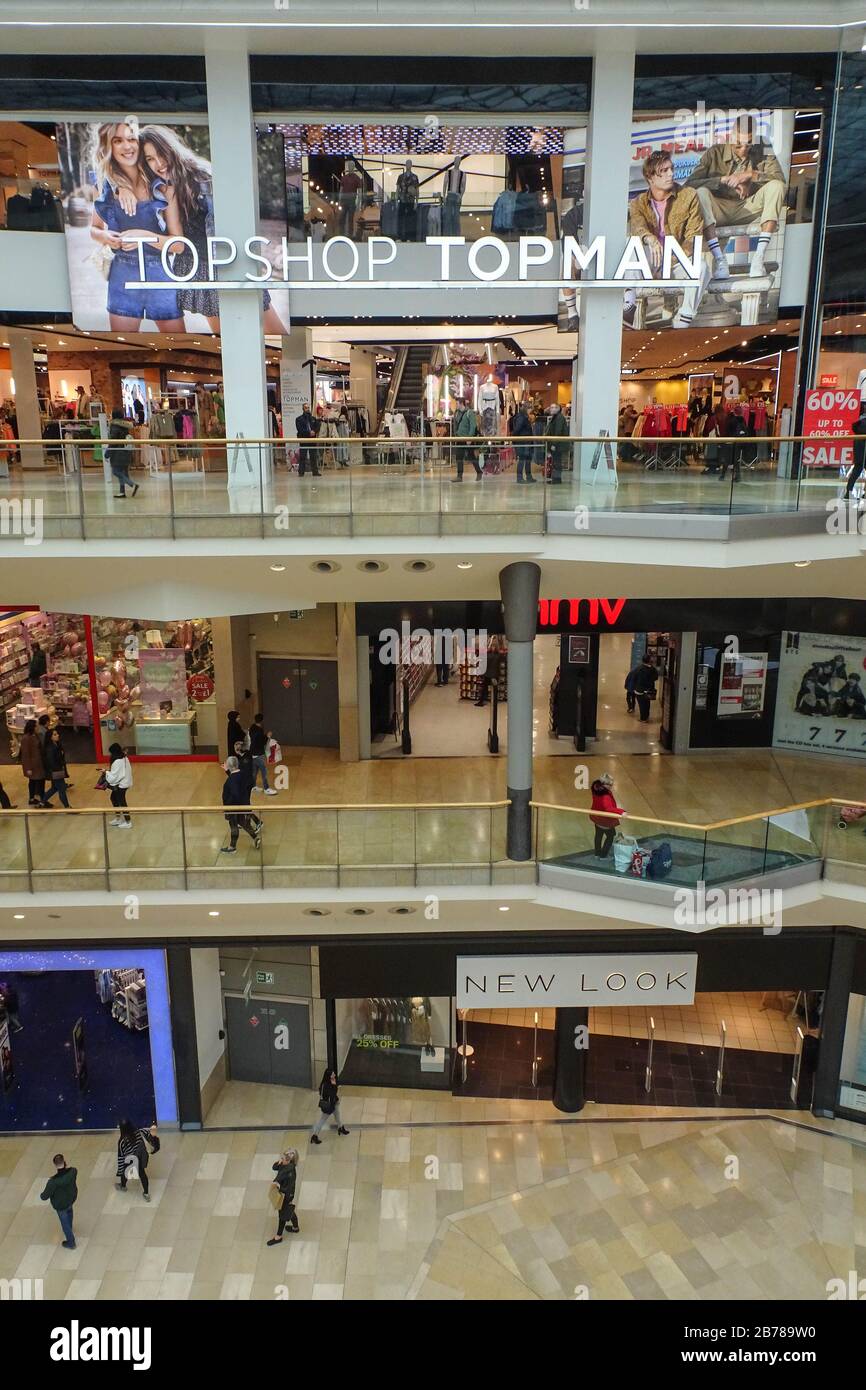 Birmingham, West Midlands UK. 14h March 2020. Many shoppers stayed away from the Bullring Mall in an almost empty Birmingham City Centre as the majority of shoppers stayed at home to shop online to try and prevent themselves being infected with COVID-19. Typically thousands of people pack the streets of Birmingham on a weekend, but many shops were as empty as the streets themselves with the Bullring Shopping Centre being unusually quiet. Stop Press Media/Alamy Live News Stock Photo