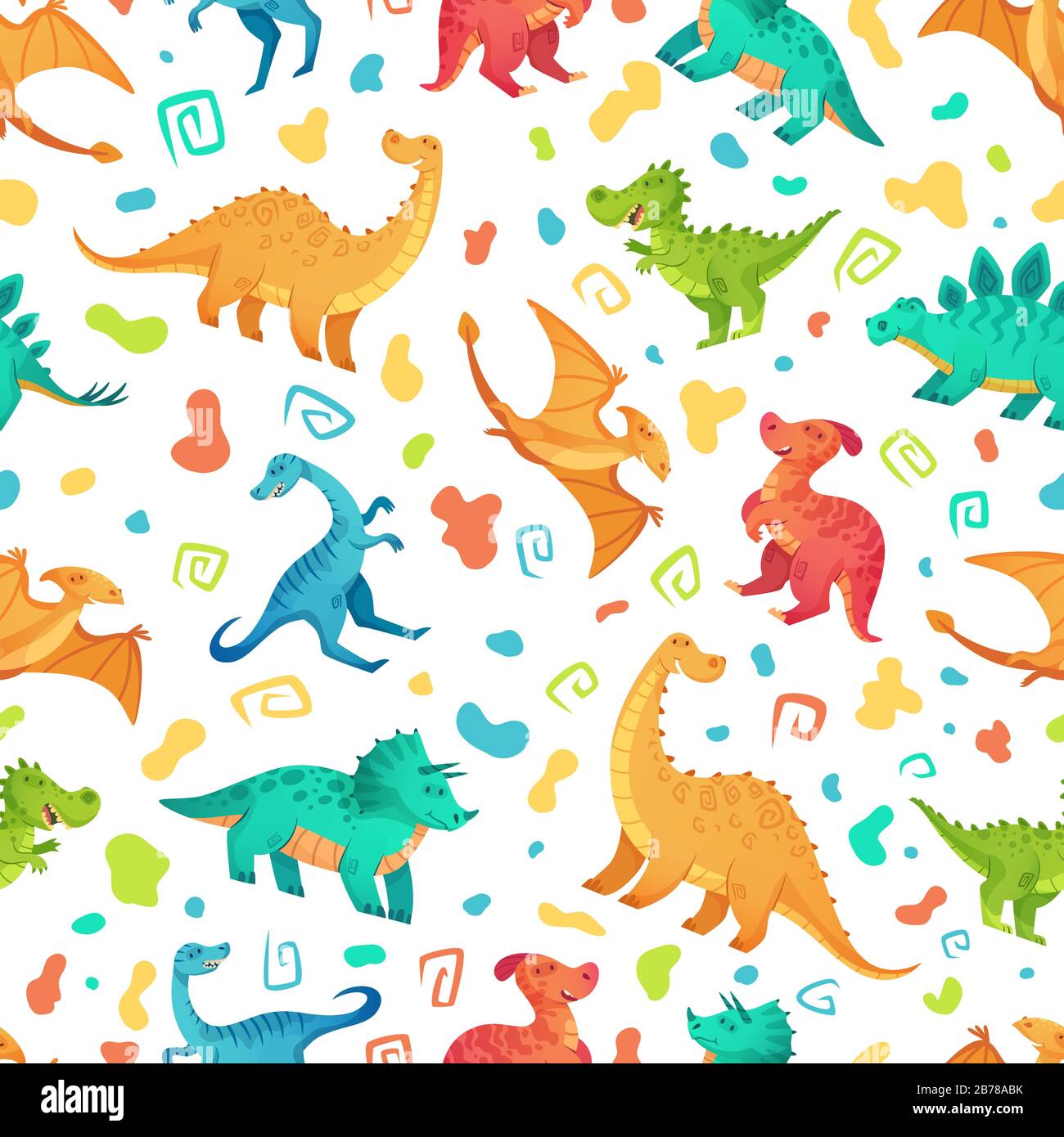 Cartoon dino seamless pattern. Cute triceratops, brontosaurus and tirex. Color dinosaurs vector illustration set Stock Vector