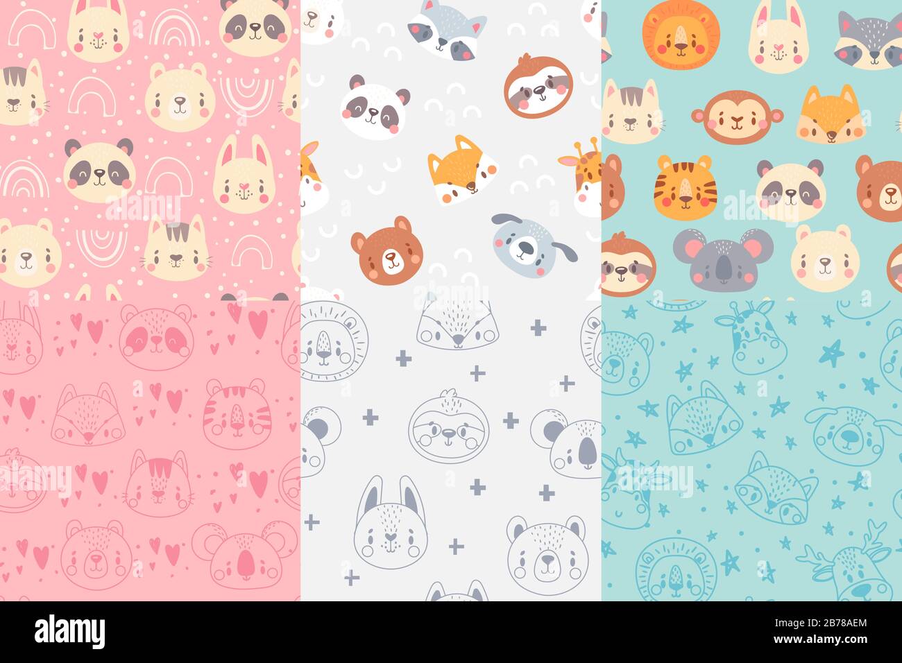 Seamless animals faces pattern. Cute animal heads, hand drawn zoo animals portraits patterns for kids vector illustration set Stock Vector