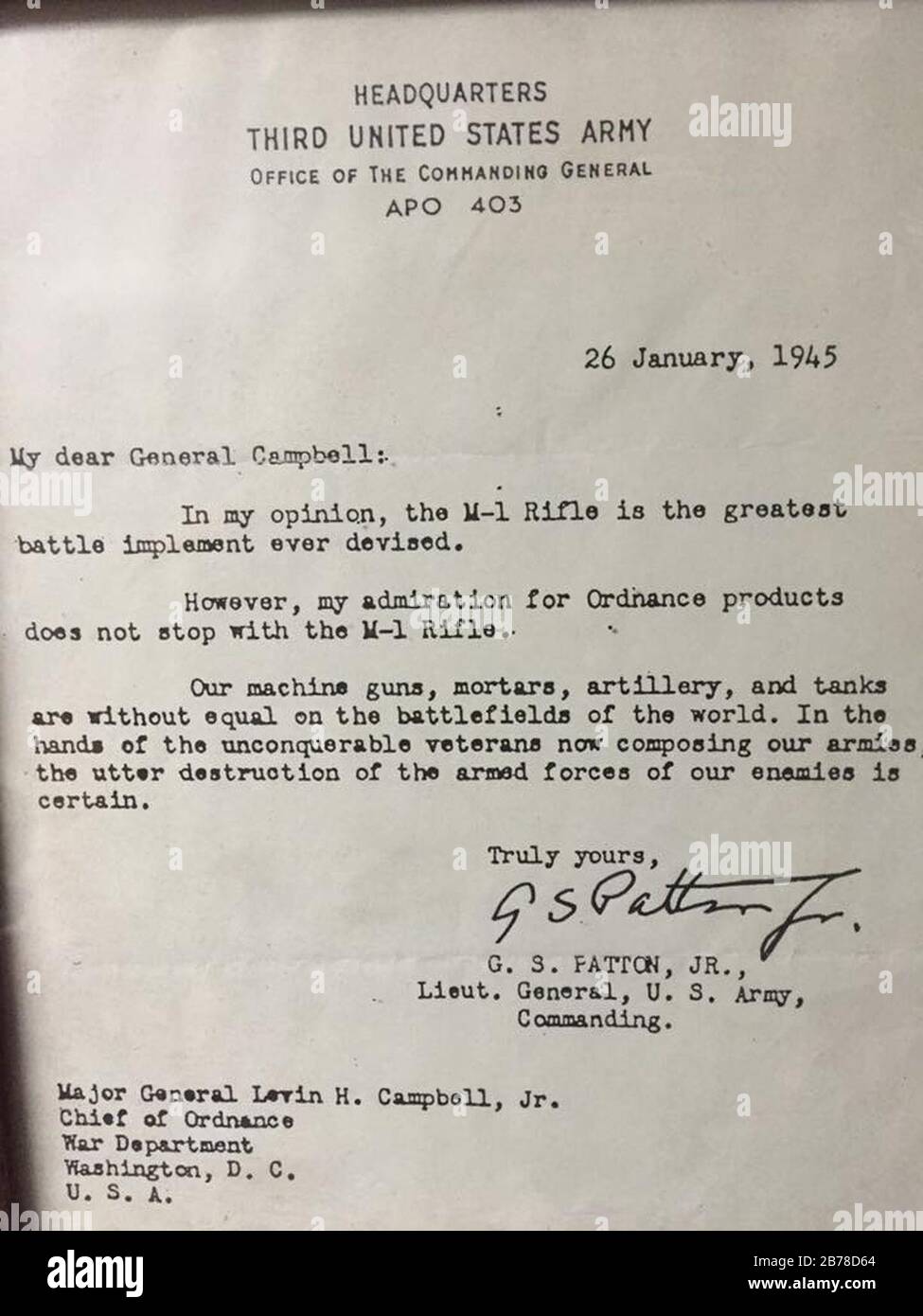 George Patton - Letter to Springfield Armory, 26 Jan 1945, M1 Garand. Stock Photo