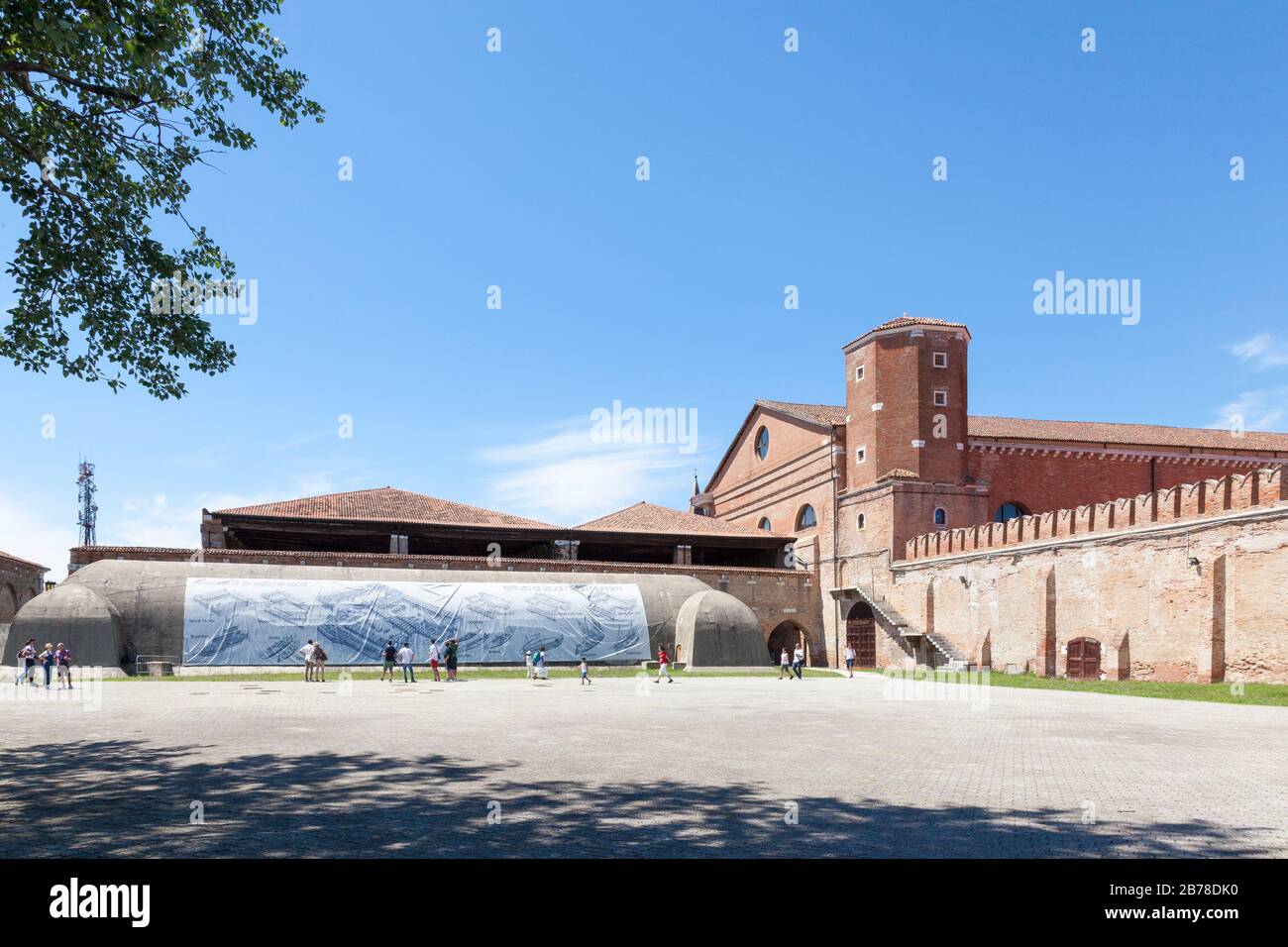 Concrete munitions storage bunker in  Arsenal or Arsenale , Venice, Italy with inforgaphic  showing the history of the  medieval Naval shipyard and ar Stock Photo