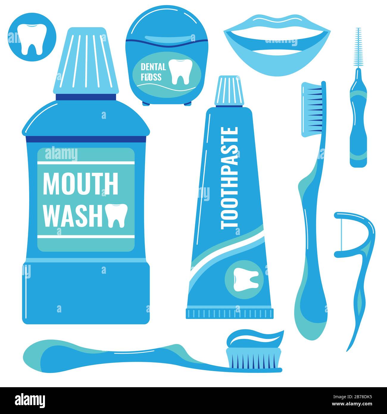 Toothpaste icons set isolated on white background. Tooth sign, mouth wash,  dental floss, smile, toothbrush, interdental brush, flosser, paste on tooth  Stock Vector Image & Art - Alamy