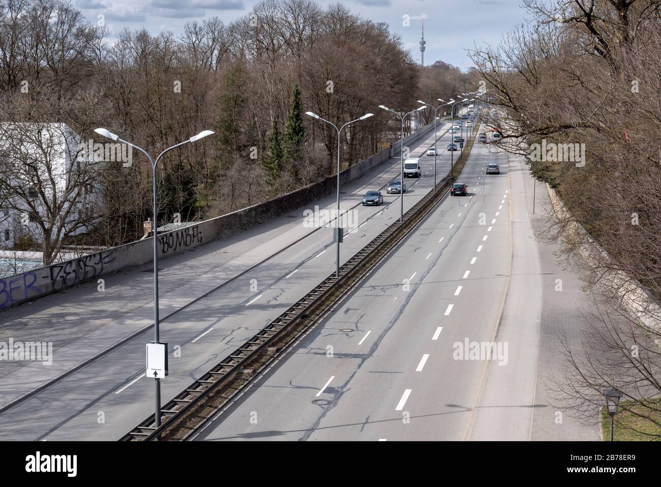 Munich, Germany. 14th Mar, 2020. Quiet traffic prevails on the middle ring road of the Bavarian state capital. Credit: Peter Kneffel/dpa/Alamy Live News Stock Photo